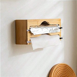 Suporte Dispenser Duplo em Bambu Para Plástico Filme e Papel Alumínio