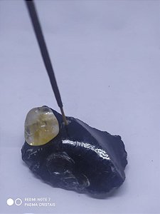 Porta Incenso / Incensário de Pedra Bruta Natural - Obsidiana Bruta + Pedra Rolada - CITRINO