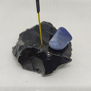 Porta Incenso / Incensário de Pedra Bruta Natural - Obsidiana Bruta + Pedra Rolada - QUARTZO ROSA