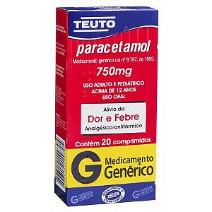 A008 - Paracetamol 750mg com 20 comprimidos - Genérico Lab. Teuto (Referência Tylenol, Tylemax)