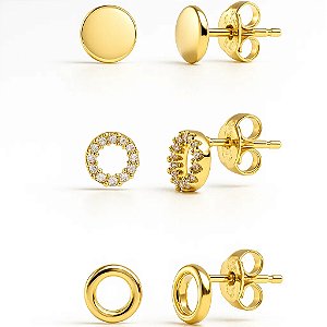 Mix de brincos em forma de círculo folheado em ouro 18k