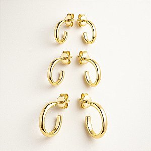 Trio de Brincos de Argolinhas Finas e Lisas folheado em ouro 18k
