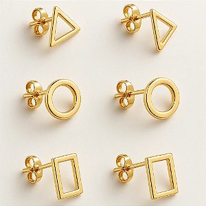 Kit de brincos formas geométricas folheado em ouro 18k