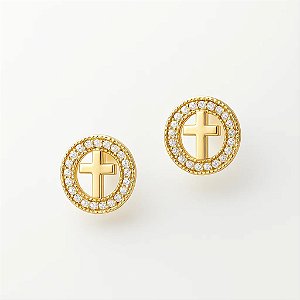 Brinco Redondo com Cruz e Micro zircônias Folheado em ouro 18k