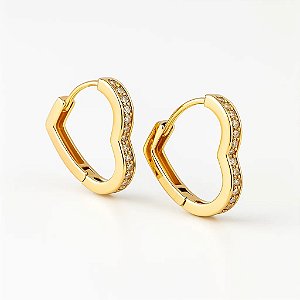 Brinco argola coração cravejado com zircônia  folheada em ouro 18k