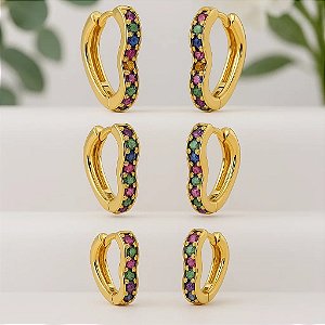 Trio Brinco de Argola com zircônias coloridas Folheado em ouro 18k