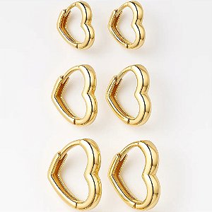 Trio de Argolas Coração  Foleados a Ouro 18k