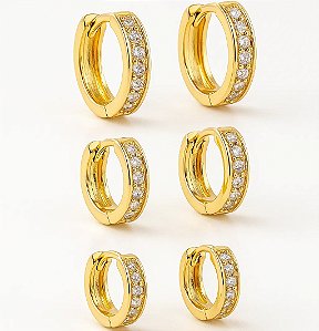 Trio de Argolinhas Cravejada com Zircônia Folheada a Ouro 18k