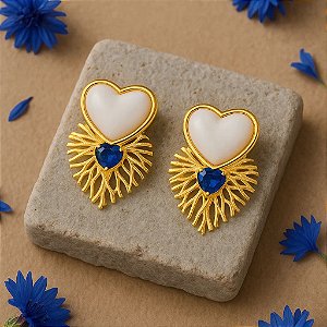 Brinco Design Coração Zircônia Azul Folhado a Ouro 18k