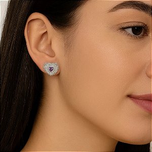Brinco Coração Pedra Roxa Banhado em Ródio Branco