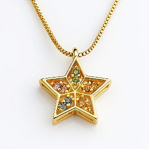 Colar Pingente Estrela Zircônia Colorida Folheado a Ouro 18k