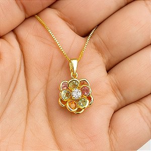 Colar Flor com Pedras Coloridas Banhado a Ouro 18k