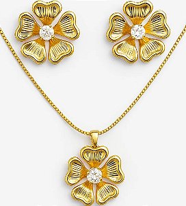 Conjunto Colar e Brincos Flor Dourada com Cristal Banhado em Ouro 18k
