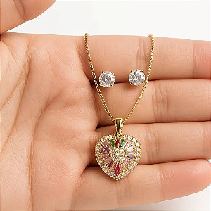 Conjunto Coração Luxo com Zircônias Coloridas Banhado em Ouro 18k