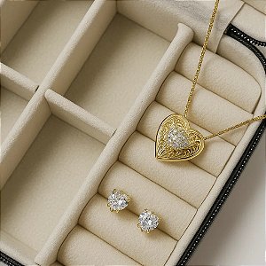Conjunto Coração com Zircônias Banho de Ouro 18k