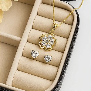 Conjunto Flor com Zircônias Banhado em Ouro 18k
