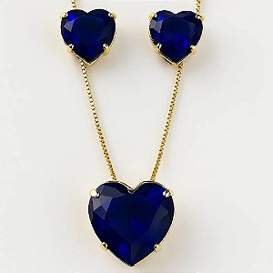Conjunto Coração Safira Banhado em Ouro 18k
