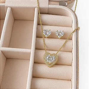 Conjunto Coração Cristal Banhado em Ouro 18k