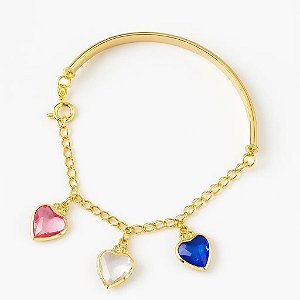 Pulseira Semirrígida com Corações Coloridos Banhado em Ouro 18k