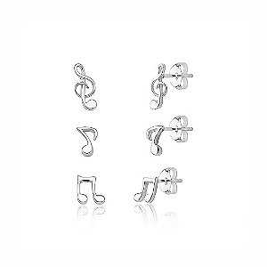 Kit de brincos notas musicais banhado em prata 925
