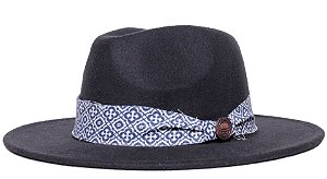 Chapéu Fedora Feltro Preto Aba Média 7cm Faixa XX Grossa - Coleção Ethnic