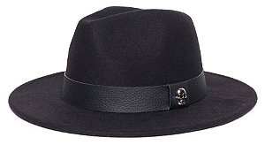 Chapéu Fedora Aba Media 7cm Feltro Preto Faixa Skin Preta - Coleção Skull