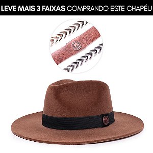 Kit Chapéu Fedora Veludo Caramelo Aba Grande Faixa Preta - Coleção Clássica + 3 Faixas Mescladas