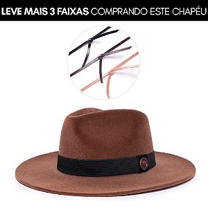 Kit Chapéu Fedora Veludo Caramelo Aba Grande Faixa Preta - Coleção Clássica + 3 Faixas de Couro V