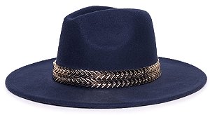 Chapéu Fedora Azul Marinho Aba Grande Reta 9cm Faixa Double Dourada II - Coleção Dupla Metalizada