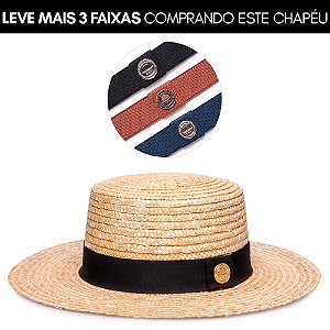 Kit Chapéu Palheta Paris Palha Trigo Dourada Aba Média Faixa Preta + 3 Faixas Elásticas IX Clássicas