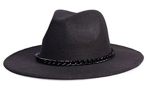 Chapéu Fedora Preto Aba Reta 7cm Feltro Faixa Corrente Preta