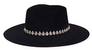 Chapéu Fedora Aba Média 7cm Veludo Preto Faixa Crystal Mirror - Coleção Metalizada Exclusivo