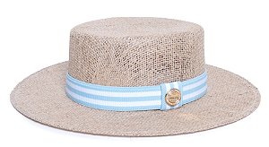 Chapéu Palheta Juta Bege Aba Média Faixa Azul Claro e Branca - Coleção Stripes