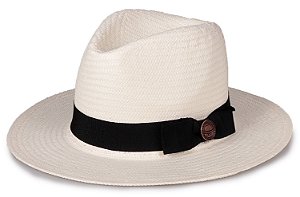 Chapéu Panamá Palha Shantung Creme Aba Média 7cm Faixa Preta Laço - Coleção Clássico