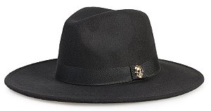 Chapéu Fedora Preto Aba Reta 8cm Feltro Caveira Dourada Rose