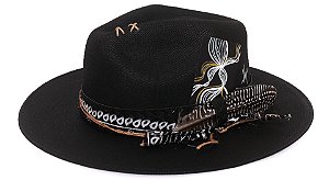 Chapéu Fedora Palha Lona Preto Aba Média Faixa Preta High Custom XVII