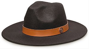 Chapéu Fedora Aba Grande 8cm Feltro Preto Faixa Caramelo - Coleção Couro