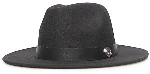 Chapéu Fedora Feltro Preto Aba Reta 7Cm  Faixa Preta - Coleção Couro