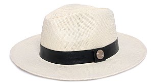 Chapéu Panamá Palha Rígida Creme Aba Média 7cm Faixa Preta - Coleção Couro