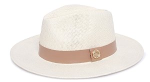Chapéu Panamá Palha Rígida Creme Aba Média 7cm Faixa Nude - Coleção Couro