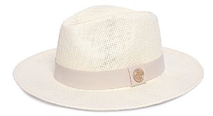 Chapéu Panamá Palha Rígida Creme Aba Média 7cm Faixa Bege - Coleção Suede