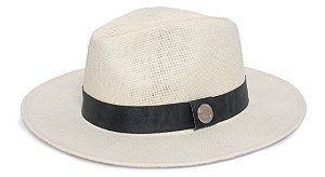 Chapéu Panamá Palha Rígida Creme Aba Média 7cm Faixa Cimento Queimado Grafite- Coleção Couro