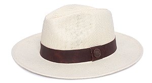 Chapéu Panamá Palha Rígida Creme Aba Média 7cm Faixa Marrom - Coleção Vintage