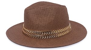 Chapéu Fedora Palha Rígida Marrom Aba Média 7cm Dupla Metalizada - Coleção Metalizada