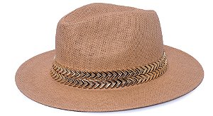 Chapéu Fedora Palha Rígida Caramelo Aba Média 7cm Dupla Metalizada - Coleção Metalizada