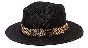 Chapéu Fedora Palha Rígida Preto Aba Média 7cm Dupla Metalizada - Coleção Metalizada