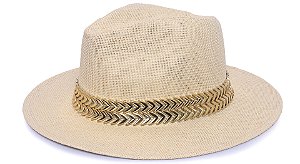 Chapéu Fedora Palha Rígida Bege Aba Média 7cm Dupla Metalizada - Coleção Metalizada