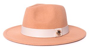 Chapéu Fedora Feltro Bege Aba Média 7cm Faixa Creme - Coleção Couro