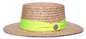 Chapéu Palheta Palha Dourada Aba Média 7cm Faixa Verde Neon - Coleção Gorgurão
