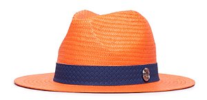Chapéu Panamá Palha Shantung Laranja Aba média 7cm Faixa Macramê Azul Marinho - Coleção Couro